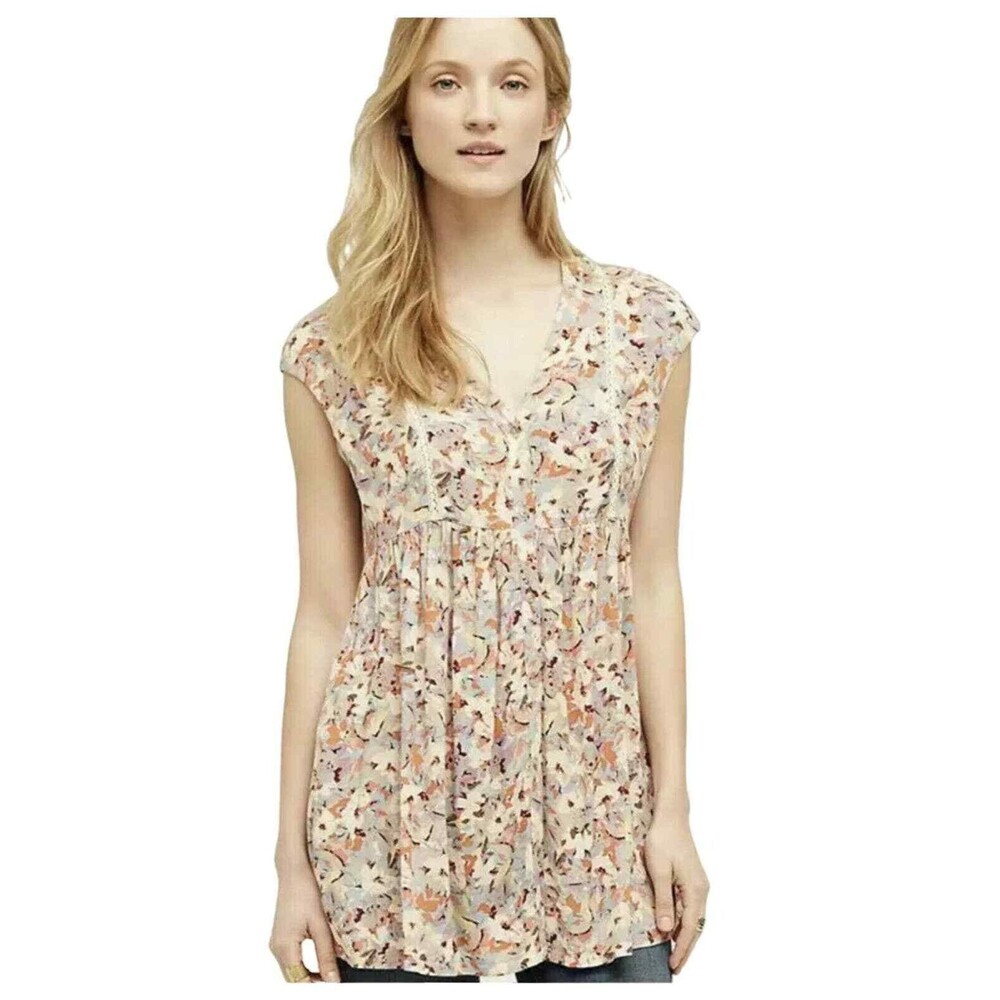 Anthropologie Vanessa Virginia Ladder Lace Top Tunic Floral Cream Orange Sz S